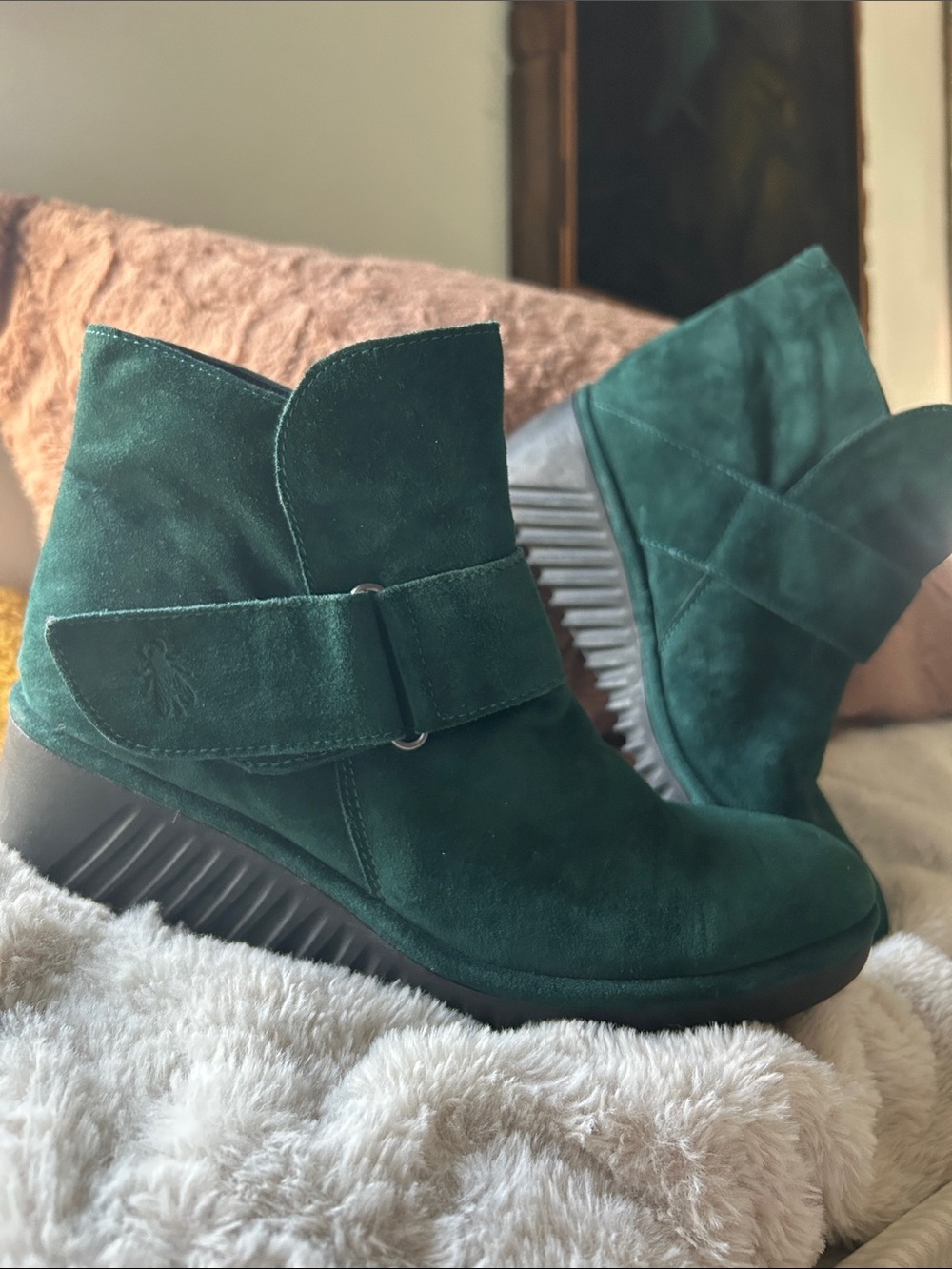 Fly London Forrest Green Suede Ankle Wedge Booties